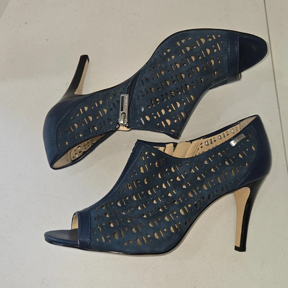 Calvin Klein Kailani Navy Blue Laser Cut Peep Toe Heeled Bootie Pump 11M 34E0936